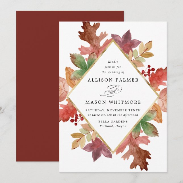 Rustic Autumn Leaves Fall Wedding Invitation (Front/Back)