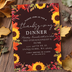 Rustic Autumn Leaves Floral Thanksgiving Dinner Invitation