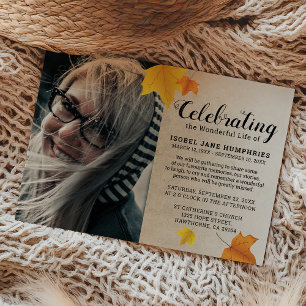 Rustic Autumn Leaves Funeral   Celebration of Life Invitation