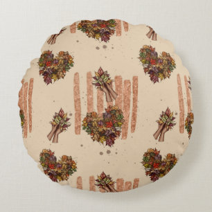 Rustic Autumn Leaves Heart Pattern – Fall Vibes Round Cushion