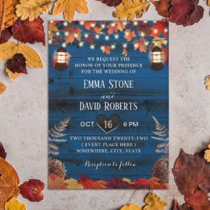 Rustic Autumn Leaves Lantern Navy Barn Wedding Invitation