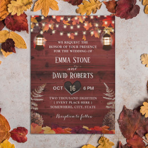 Rustic Autumn Leaves Lantern Red Barn Wedding Invitation