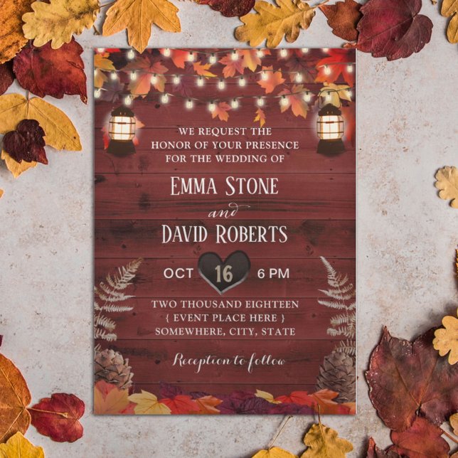 Rustic Autumn Leaves Lantern Red Barn Wedding Invitation (Creator Uploaded)