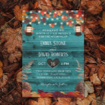 Rustic Autumn Leaves Lantern Teal Barn Wedding Invitation<br><div class="desc">Rustic Autumn Leaves Lantern String Lights Teal Barn Wedding Invitations.</div>