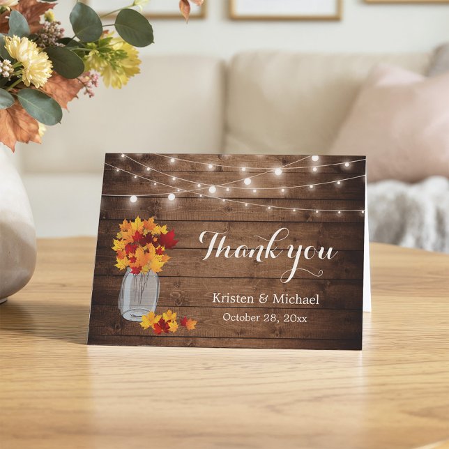 Rustic Autumn Leaves Mason Jar Lights Thank You Card (Creator Uploaded)