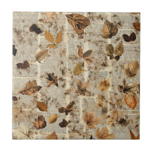 Rustic Autumn Leaves on Vintage Newspaper Tile