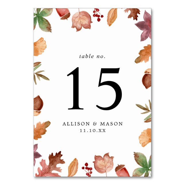 Rustic Autumn Leaves Personalised Wedding Table Number (Front)