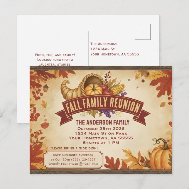 Rustic Autumn Leaves Pumpkin Cornucopia postcard (Front/Back)