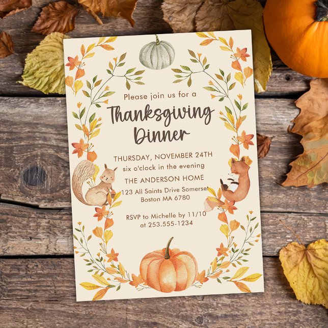 Rustic Autumn Leaves Pumpkin Thanksgiving Dinner  Invitation (Creator Uploaded)