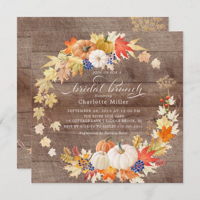 Rustic Autumn Leaves Pumpkins Bridal Shower Brunch Invitation (Front/Back)