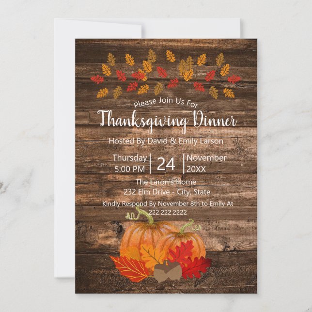 Rustic Autumn Leaves & Pumpkins Thanksgiving Invitation (Front)