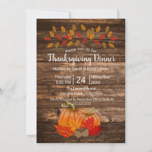 Rustic Autumn Leaves & Pumpkins Thanksgiving Invitation