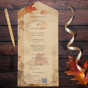 Rustic Autumn Leaves QR Code  All In One Invitation