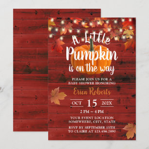 Rustic Autumn Leaves Red Barn Pumpkin Baby Shower Invitation
