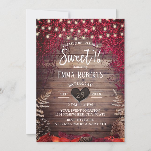 Rustic Autumn Leaves String Lights Barn Sweet 16 Invitation (Front)