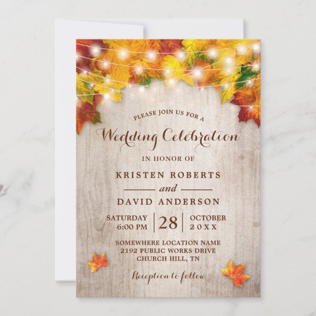 Rustic Autumn Leaves String Lights Fall Wedding Invitation (Front)
