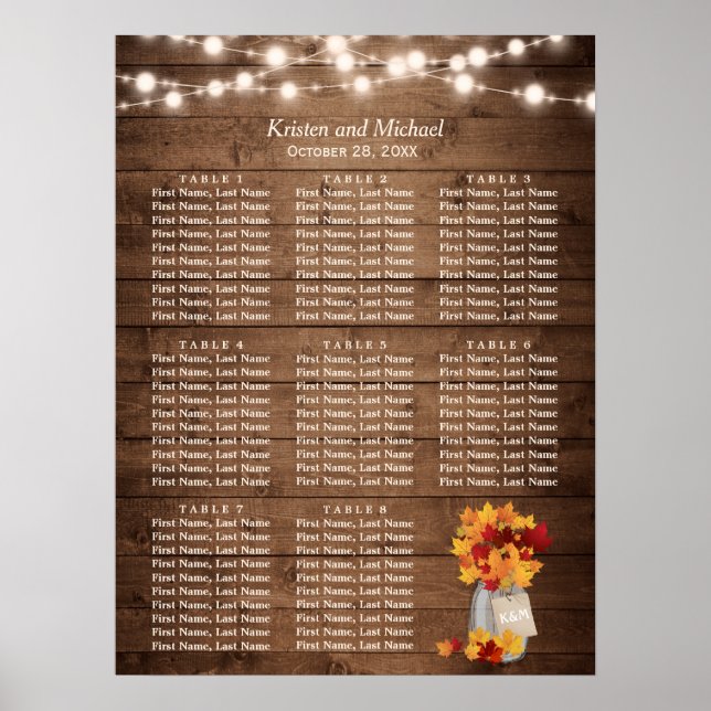 Rustic Autumn Leaves String Lights Seating Chart (Front)