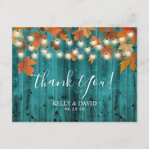 Rustic Autumn Leaves Teal Barn Wood Thank You Postcard