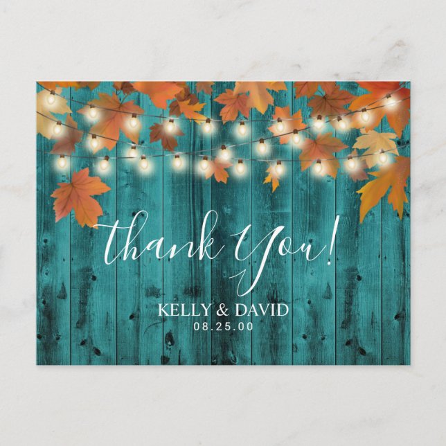 Rustic Autumn Leaves Teal Barn Wood Thank You Postcard (Front)