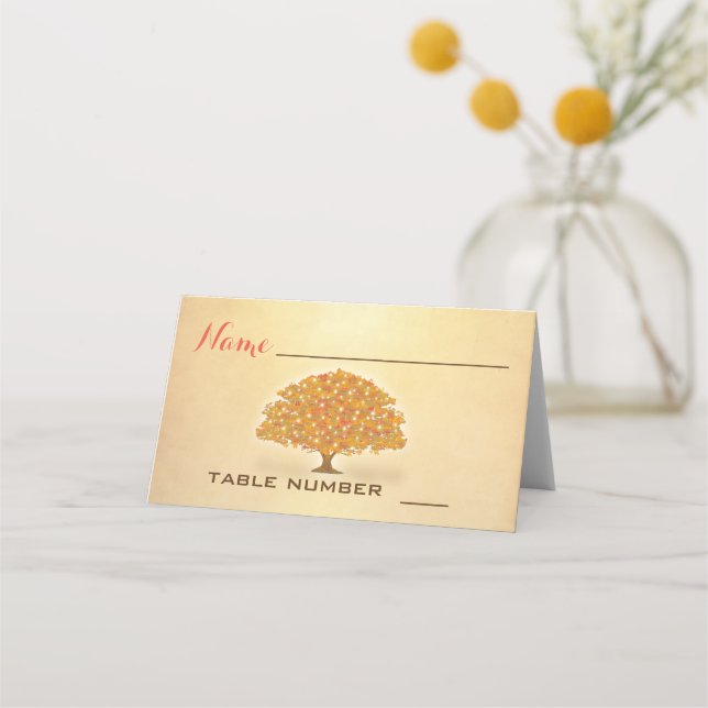 Rustic Autumn leaves tree lights table cards (Front)