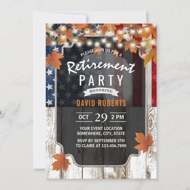 Rustic Autumn Leaves USA Flag Military Retirement Invitation (Front)