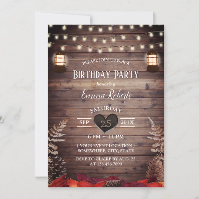 Rustic Autumn Leaves Vintage Lantern Birthday Invitation (Front)