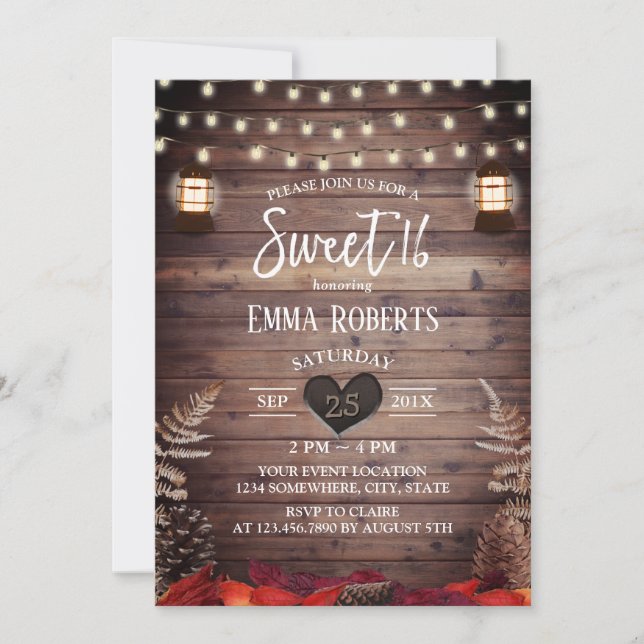 Rustic Autumn Leaves Vintage Lantern Sweet 16 Invitation (Front)