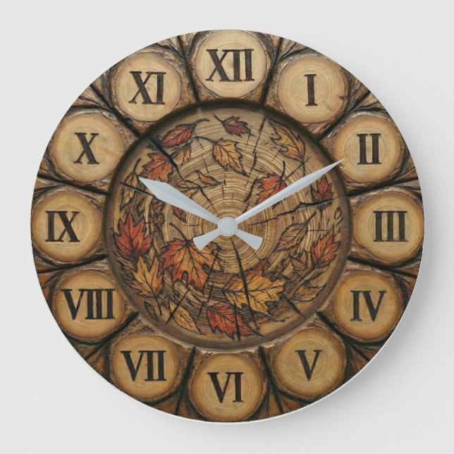Rustic Autumn Leaves Wall Clock | Wood-Look Cabin  (Front)