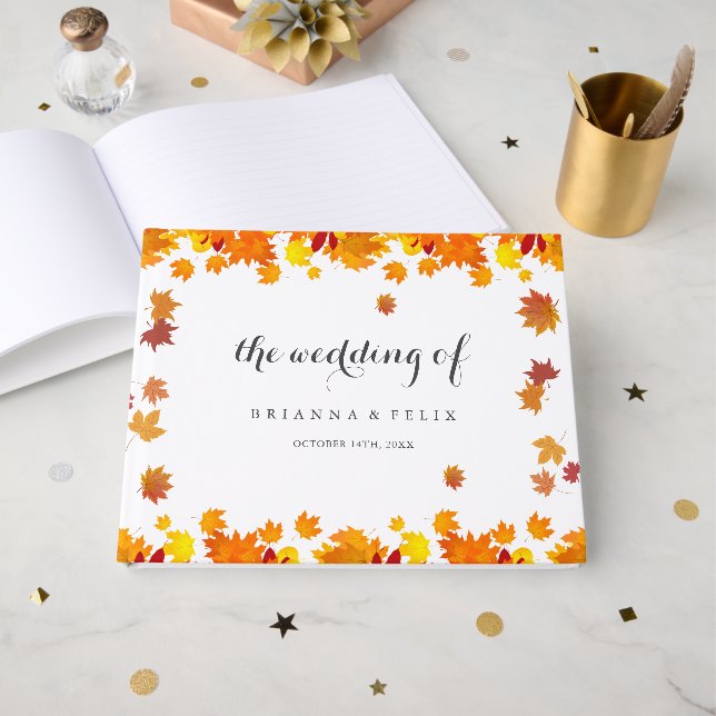 Rustic Autumn Leaves Wedding Guest Book (Front Open)