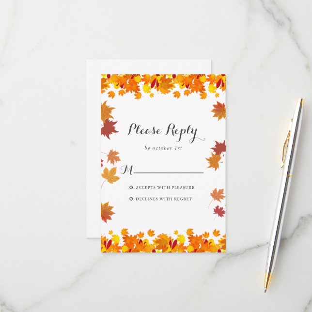 Rustic Autumn Leaves Wedding RSVP Card (Front/Back In Situ)