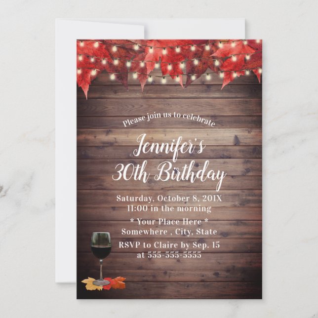 Rustic Autumn Leaves Wine 30th Birthday Invitation (Front)