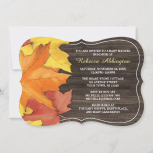 Rustic Autumn Leaves Wood Baby Shower Invitations