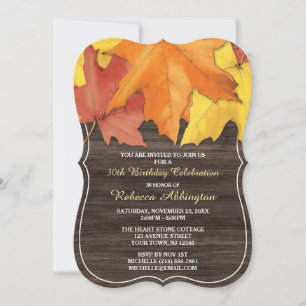 Rustic Autumn Leaves Wood Birthday Invitations