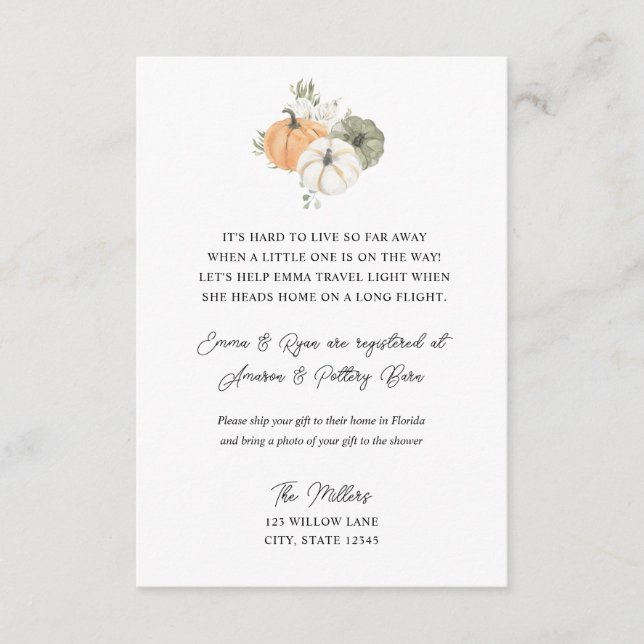 Rustic Autumn Long distance baby shower insert (Front)