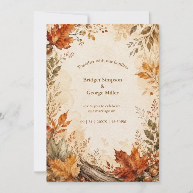 Rustic Autumn Maple Wedding Botanicals Invitation (Front)