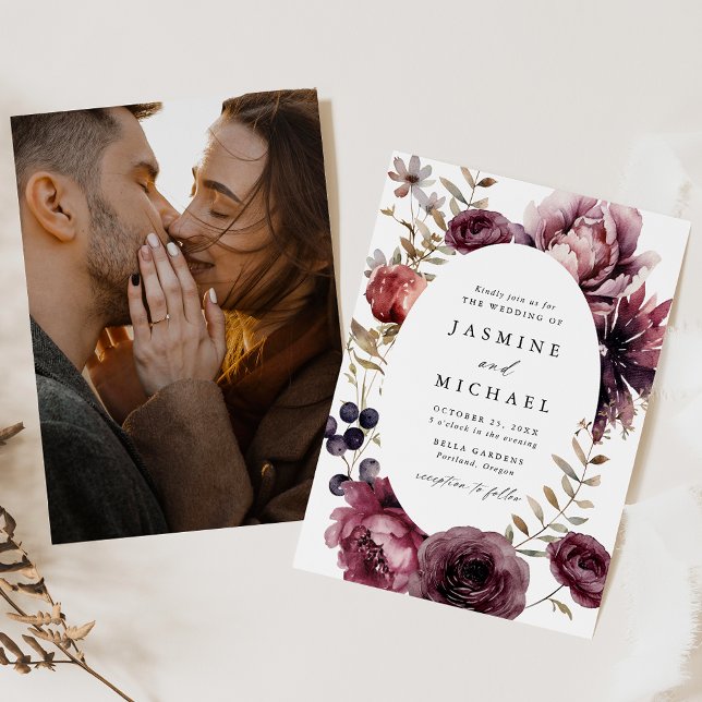 Rustic Autumn Marsala Floral Frame Photo Wedding Invitation (Creator Uploaded)