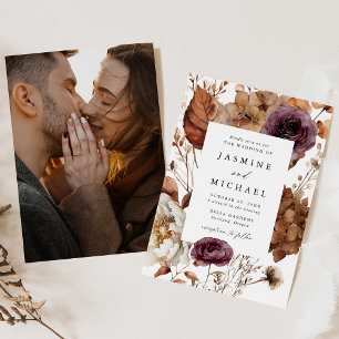 Rustic Autumn Marsala Floral Frame Photo Wedding Invitation