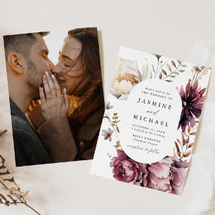 Rustic Autumn Marsala Floral Frame Photo Wedding Invitation