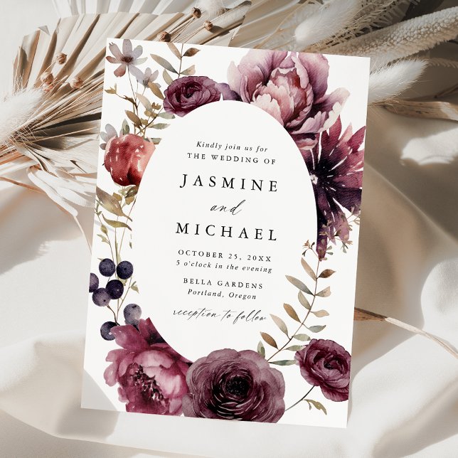 Rustic Autumn Marsala Floral Frame Wedding Invitation (Creator Uploaded)