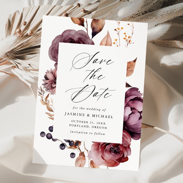 Rustic Autumn Marsala Floral Frame Wedding Save The Date (Creator Uploaded)