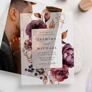 Rustic Autumn Marsala Floral Frame Wedding Vellum Invitations
