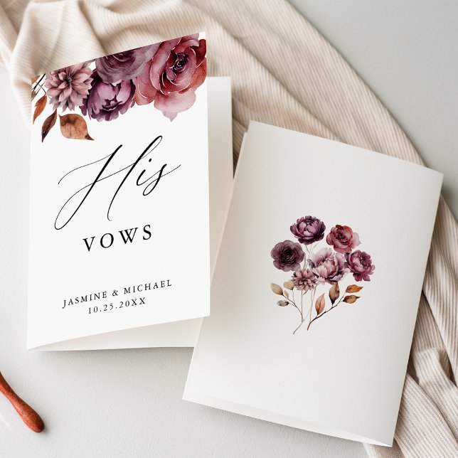 Rustic Autumn Marsala Floral His Wedding Vows Card (Front and back views of the Rustic Autumn Marsala Floral "his" vow book.)