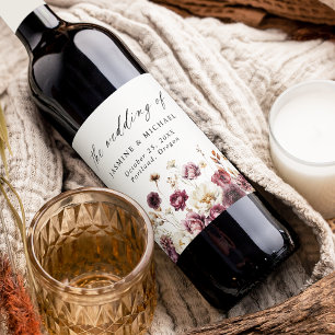 Rustic Autumn Marsala Floral Meadow Wedding Wine Label