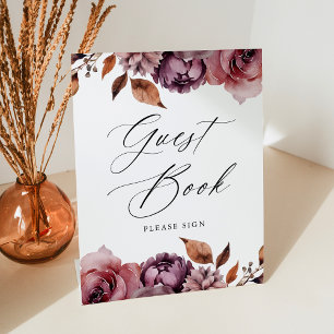 Rustic Autumn Marsala Floral Wedding Guest Book Pedestal Sign