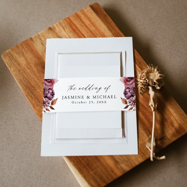 Rustic Autumn Marsala Floral Wedding Invitation Belly Band (Creator Uploaded)