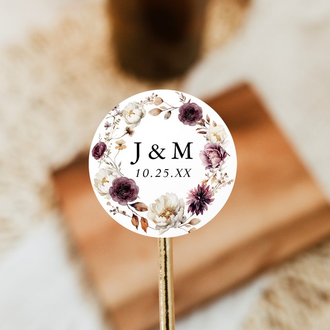 Rustic Autumn Marsala Floral Wedding Monogram Classic Round Sticker (Creator Uploaded)