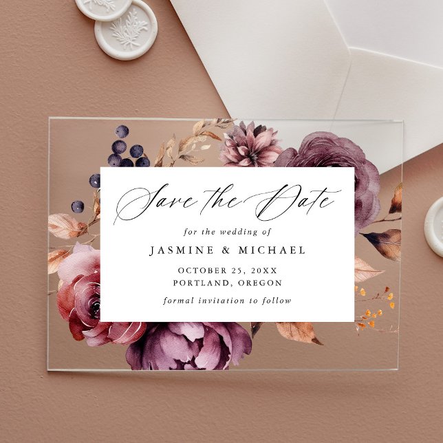 Rustic Autumn Marsala Floral Wedding Save the Date Acrylic Invitations (Creator Uploaded)