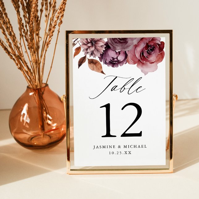Rustic Autumn Marsala Floral Wedding Table Number (Creator Uploaded)