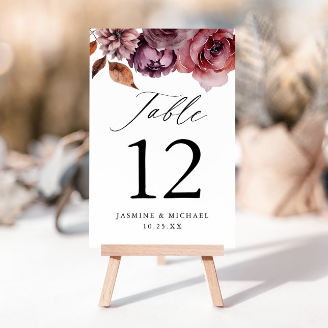 Rustic Autumn Marsala Floral Wedding Table Number (Creator Uploaded)