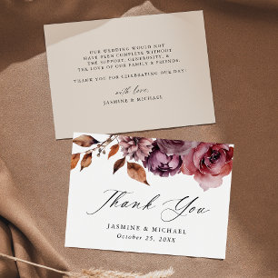 Rustic Autumn Marsala Floral Wedding Thank You Card